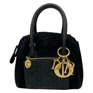 Auth DIOR/ChristianDior Cannage Stitch - Black Suede Leather Handbag